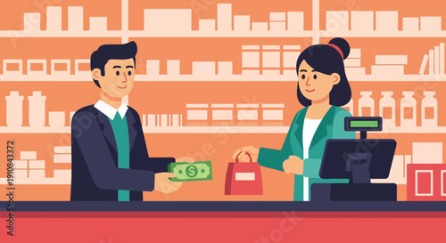 Happy customer making a purchase at a modern supermarket checkout with friendly cashier, completing a transaction with cash payment for groceries and goods