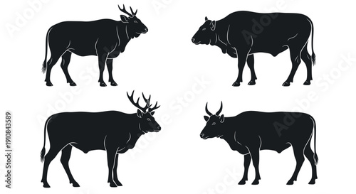 Set of black vector silhouettes featuring wild animals and farm livestock including a deer, bull, horse, and pig for nature or agriculture illustrations