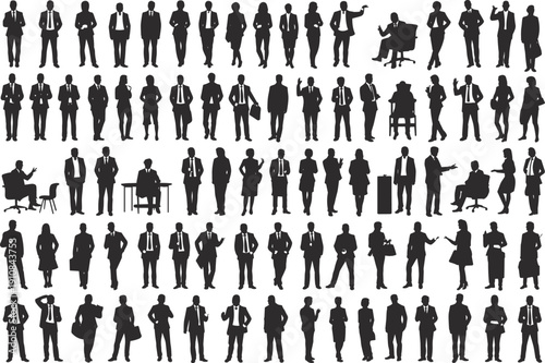 Flat vector silhouettes of diverse business professionals in formal attire standing, sitting, and interacting representing teamwork, leadership, diversity, collaboration, and unity
