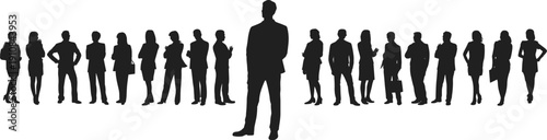 Flat vector silhouettes of diverse business professionals standing in corporate attire with central leader figure representing teamwork, leadership, hierarchy, collaboration, and unity