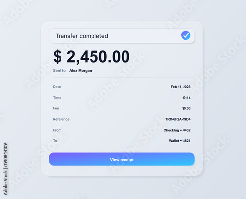Bank Transfer Completed Receipt Screen UI Mockup. Banking UI panel, minimal app interface showing transfer completed confirmation with amount, transaction details, and a receipt button. Vector bar