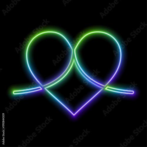 Neon double frame in heart form with shining effects on dark purple background. Empty glowing techno backdrop. Vector illustration.