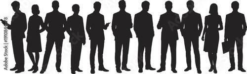 Flat vector silhouettes of diverse business professionals standing together in corporate attire representing teamwork, leadership, collaboration, diversity, and workplace unity