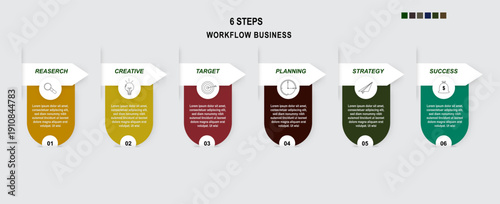 six steps workflow business infographic vector featuring research, creative, target, planning, strategy, and success stages. clean modern flat design for corporate process,