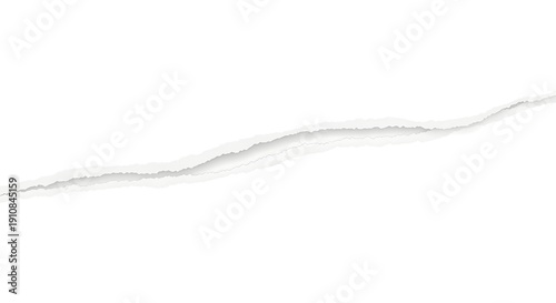Isolated diagonal torn paper edge with soft shadow effect on plain white background space