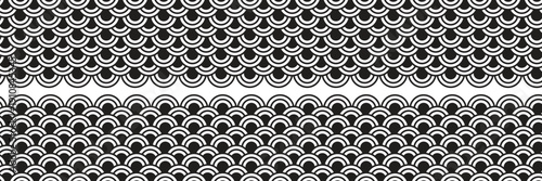  Top and bottom borders with traditional Japanese Seigaiha pattern and space for text. black and white sea or ocean waves print. fish squama or dragon scale. vector graphic illustration.