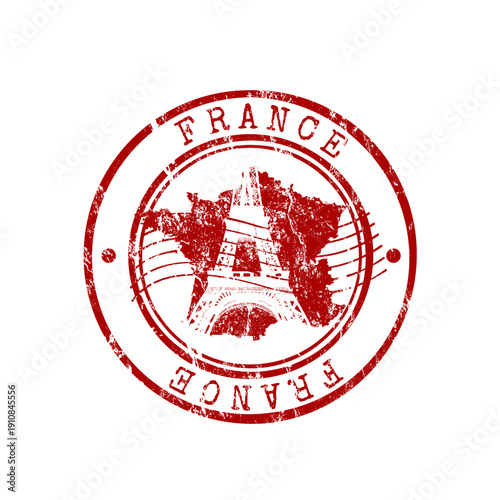 Red grunge rubber stamp with France map and Eiffel tower, vector
