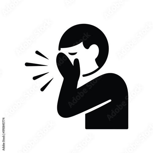 Simple black silhouette of a person coughing into their elbow