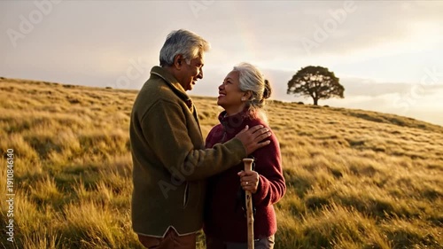 Golden Years of Love: A loving senior couple, embraced by the warmth of a setting sun and the gentle embrace of nature. They stand together, sharing a moment of intimacy and enduring love.