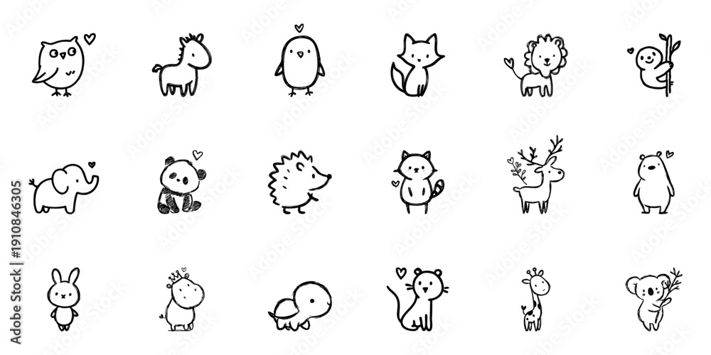 Naklejka premium Cute Animal Line Icon Set In Doodle Style. Adorable Wildlife Characters With Hearts Outline Sketch Collection. Hand Drawn Isolated Vector Illustration