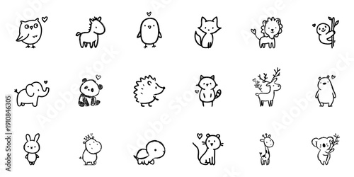 Cute Animal Line Icon Set In Doodle Style. Adorable Wildlife Characters With Hearts Outline Sketch Collection. Hand Drawn Isolated Vector Illustration