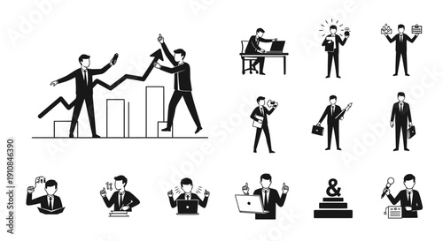 Twelve black flat silhouette icons featuring people performing various sales and marketing tasks including presentations, negotiations, online meetings, and customer interactions.
