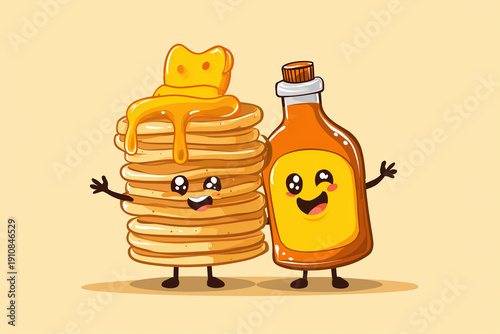 Happy Pancakes and Syrup Mascots Breakfast Cartoon Illustration