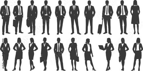 Flat vector silhouettes of diverse male and female business professionals standing in corporate attire representing teamwork, diversity, leadership, and workplace unity