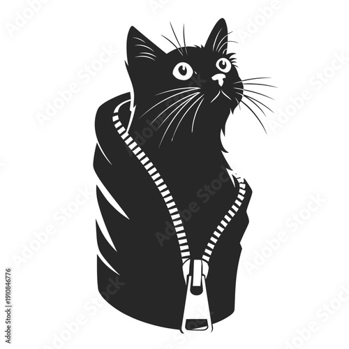 A black and white silhouette of a cat appears to be emerging from a zipper. The image creates a playful, surreal effect.