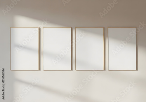 Luxury Empty Vertical Frame Wall Mockup with Four Canvas Panels on white background