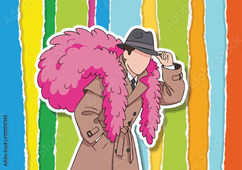 Detective with Pink Boa. Man in Trench Coat. Quirky Character. Colorful Background.