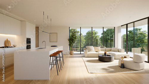 Quadro em tela Modern living room and kitchen with large windows and view of trees