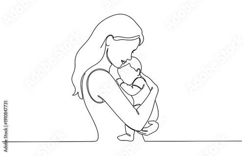 Mother and baby line art vector illustration, mothers day celebration. Mother holding her baby . Continuous line art vector