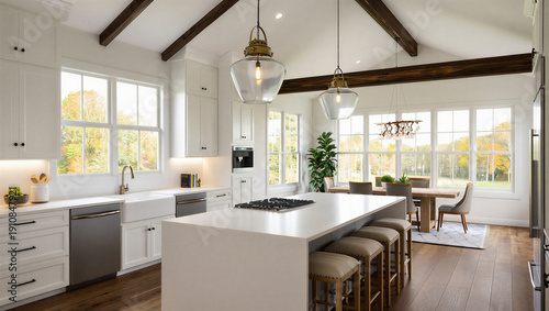 Foto Modern kitchen with island and dining area in a bright and airy home with vaulte