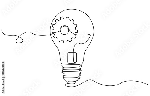 Continuous one single line drawing innovation Light bulb and gears inside icon vector illustration concept. Continuous one single line drawing innovation Light bulb and gears inside icon vector 