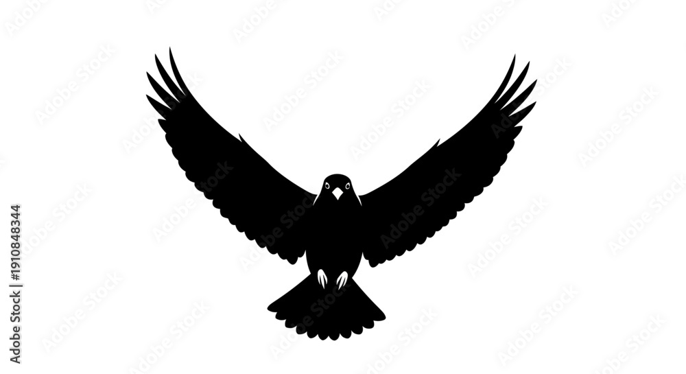 Obraz premium Majestic Black Falcon Silhouette Flying with Wings Spread Wide Against White Background Symbol of Freedom and Power