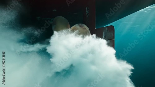 Detailed underwater shot focusing on a massive ship propeller spinning vigorously, displacing clear turquoise water and creating dynamic white frothy splashes, sunlight filtering through the ocean.