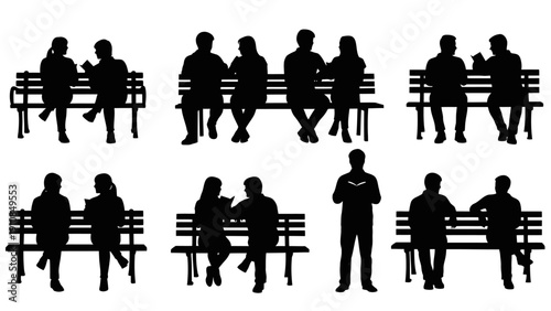 Silhouette people sitting on bench icon set. Includes various social interactions and poses. Created in solid black style with white background.