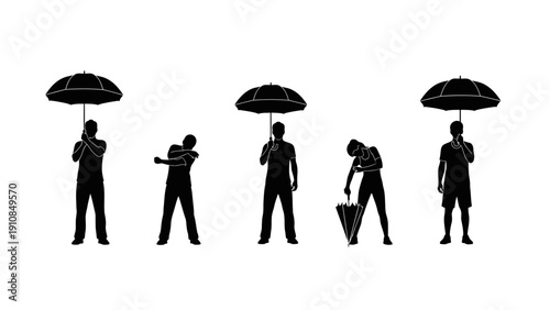 Silhouette of five people with umbrellas on a white background, vector illustration.