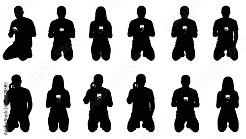 Black silhouette people icon set, includes ten different poses, various actions. Created in simple style with monochromatic palette.