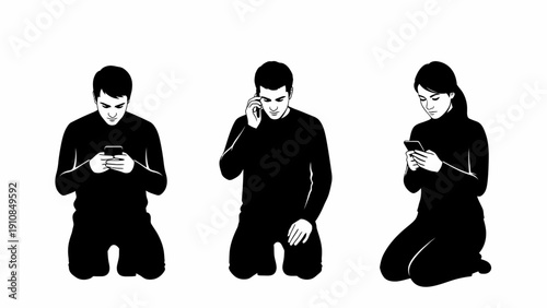 Black silhouettes of a business woman and people including a walking mother, child, and couple in a vector illustration