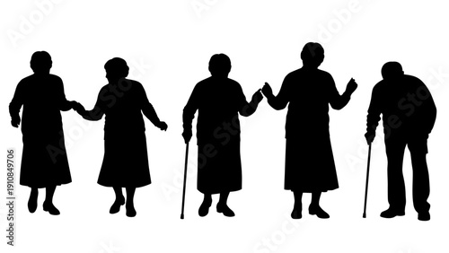 Vector illustration of a black silhouette set featuring a group of business people, a fashion woman with a shopping bag, and a family dancing at a party