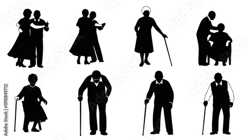 Vector illustration set of black silhouettes featuring a diverse group of people including a fashion model in a dress, business professionals, and a couple shopping with bags in a stylish outline art