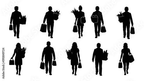 Black silhouettes of business men and women walking and standing together in a stylish team pose vector illustration