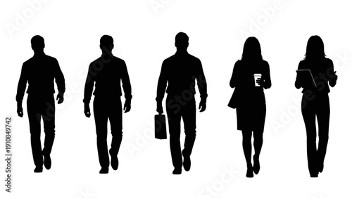 Silhouettes of business people and families standing and walking together in a group vector illustration