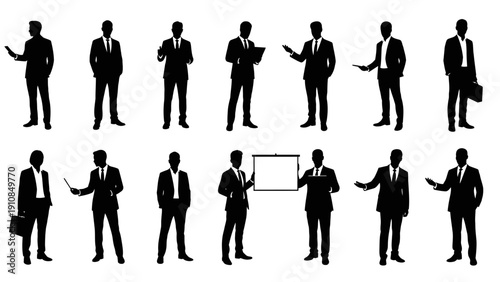 Black silhouettes of a professional business team including a businessman and businesswoman standing and walking in suits as a vector illustration set representing success and group work.