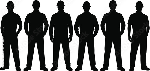 Construction worker silhouettes team standing in row, professional builders isolated on white background