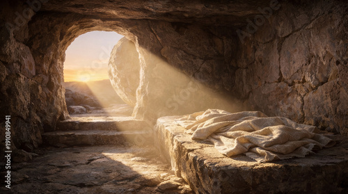 Empty tomb of Jesus, where the shrouds lie abandoned. Ancient burial cave with light streaming in through entrance  