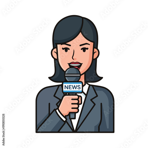 Cartoon illustration of a cheerful female news anchor holding a microphone with a news graphic, against a clean white background with a cute and modern aesthetic.