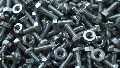 Silver metal hex bolts and nuts pile. Industrial construction hardware background.