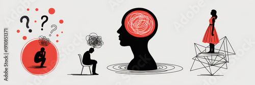 Conceptual collage of 8 business people facing confusion stress and decision pressure. Concept of corporate psychology, workplace anxiety, decision making, and communication visuals. Banner