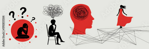 Conceptual collage of 8 business people facing confusion stress and decision pressure. Concept of corporate psychology, workplace anxiety, decision making, and communication visuals. Banner