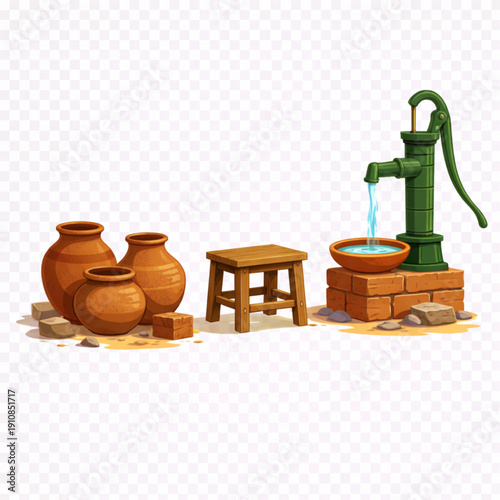 Rustic Water Well Hand Pump & Clay Pots Isolated Vector Illustration: Old-Fashioned Utility Scene, Brick Base, Wooden Stool, and Traditional Earthenware Jars PNG Asset