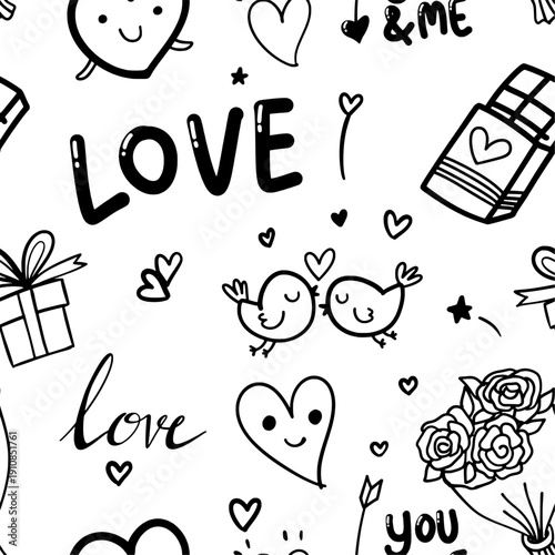 vector of valentine seamless pattern background, cute drawing cartoon of heart, gift box, chicks lover, bouquet of roses, text love you me isolated on white background, flat minimal style