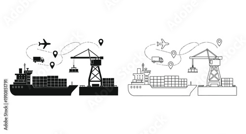 Shipping and logistics illustration featuring a cargo ship airplane and crane
