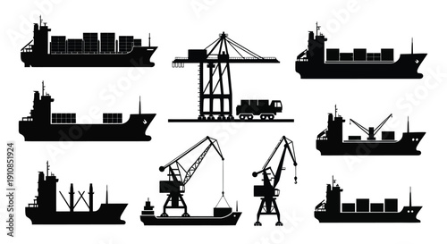 Silhouette illustration of cargo ships cranes and a port facility