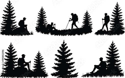 Black silhouette set of hikers and backpackers trekking through pine forests featuring men walking with poles sitting on rocks and resting under evergreen trees