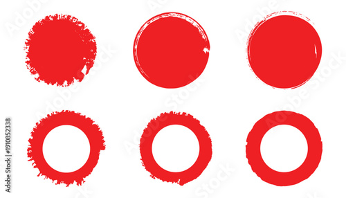 Six red Hand drawn Vector illustration brush stroke circles. Crayon pencil brush stroke red circles shape. Scribble sketch hand drawn crayon ink splash, rough dot texture circle elements.