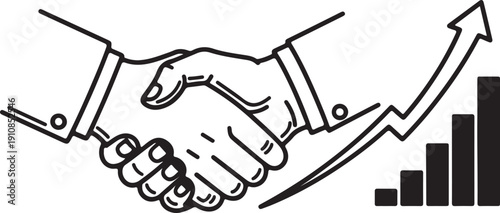 "Business partnership and growth vector illustration showing handshake with ascending bar chart and upward arrow symbolizing collaboration, agreement, and financial success"