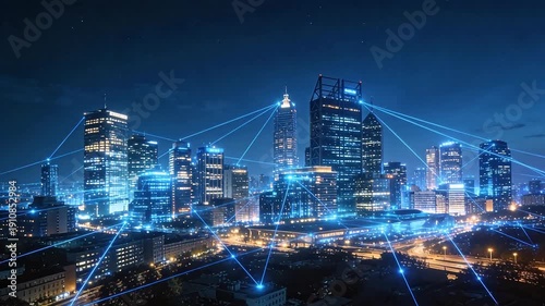 Wallpaper Mural Nighttime city skyline with digital network connections Torontodigital.ca